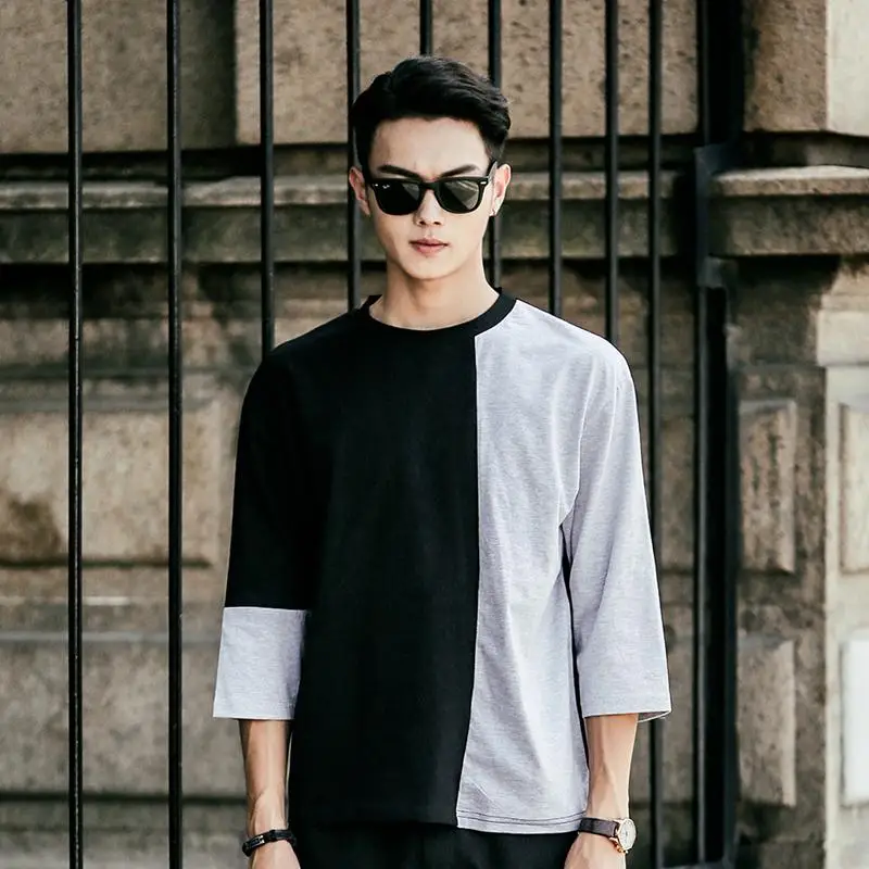 Mens 3/4 Sleeve Asymmetric Color Block 