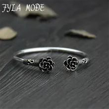 Fyla Mode Double Flowers Design Antique 925 Thai Silver Bangle Bracelet For Women Black Best Pretty Jewelry Gift PKY321