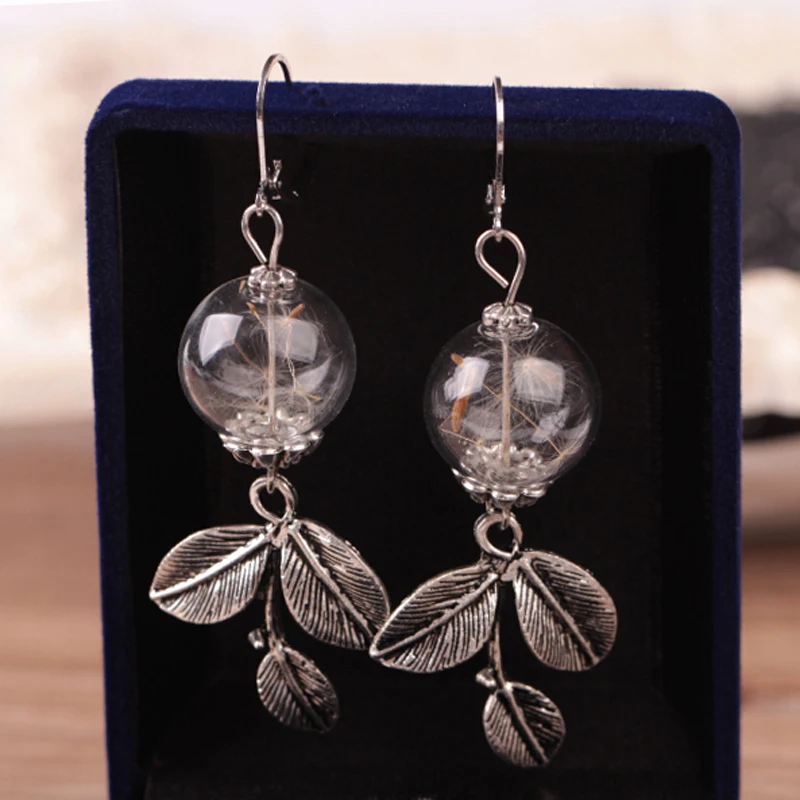 Charm Leaf Drop Earrings Dandelion Seed Glass Orb Earrings Make a Wish Earrings