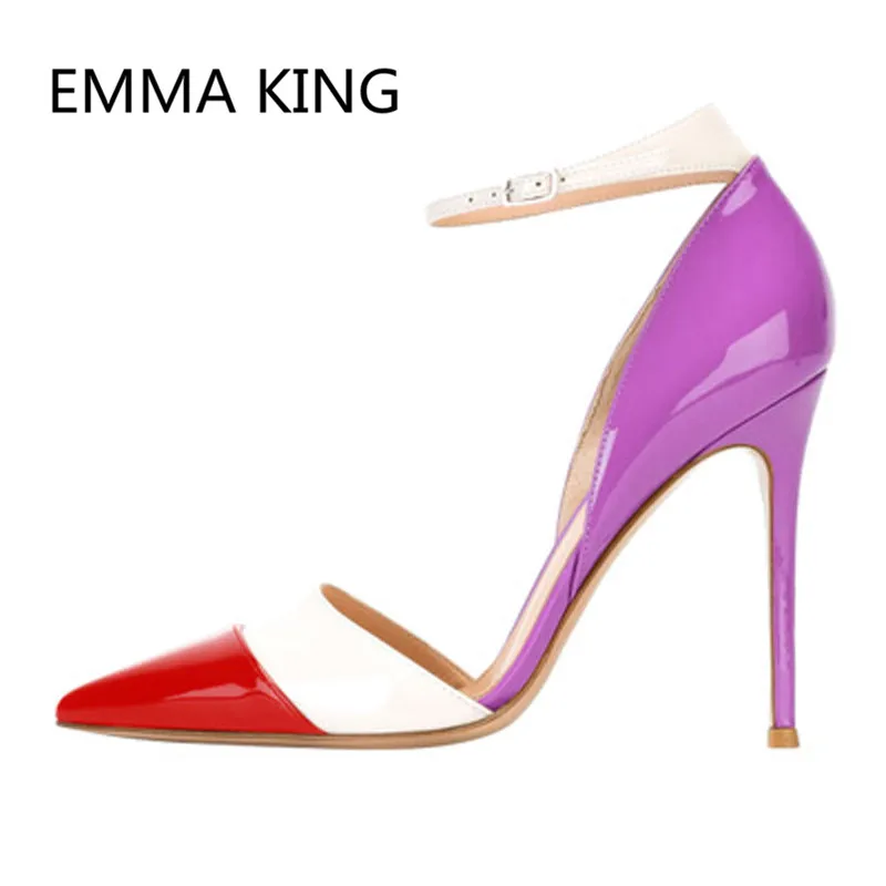 

2019 Fashion Mixed Color Women Pumps Pointed Toe Sexy High Heels Ankle Buckle Strap Runway Shoes Woman 12cm Thin Heels Sandals