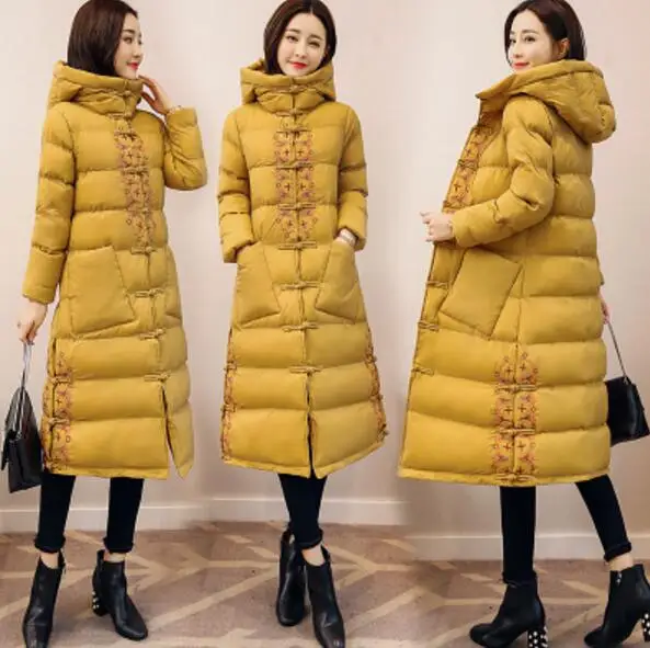 Зимний женский пуховик, пальто, длинная, модная, утолщенная, теплая верхняя одежда, высокое качество, с капюшоном, пуховики для женщин, винтажные парки - Цвет: Ginger yellow