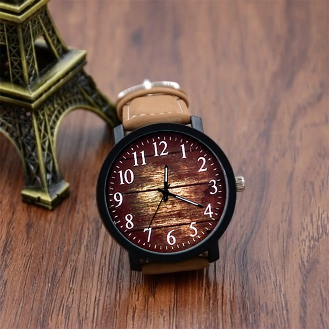 Vintage Leisure Imitation Wood Watches Women Dress Quartz Wristwatch Fashion Arabic Numerals Wristwatch Leather Band Watches