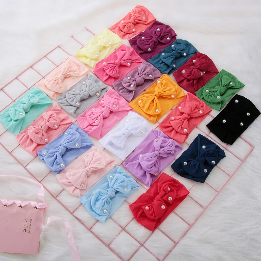 

Baby Cute Headband Cotton Soft Imitation Pearl Turban Bow Knot Girl Spring Summer Hair Band Kids Cap For Baby Girls