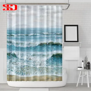 

Mediterranean Seascape Shower Curtains for Beautiful Polyester Bath Blue Sea Waterproof Curtains Shower for Bathroom Decorative
