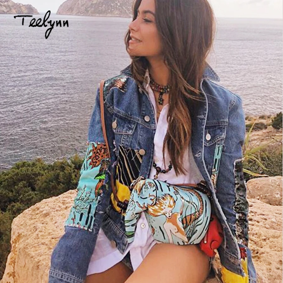 Automne Manteau Boho Broderie Longue Pour Qppliques Teelynn Animé Femmes Jean Veste Wintage Dessin En Manche Les Motif Atwqpdx7w