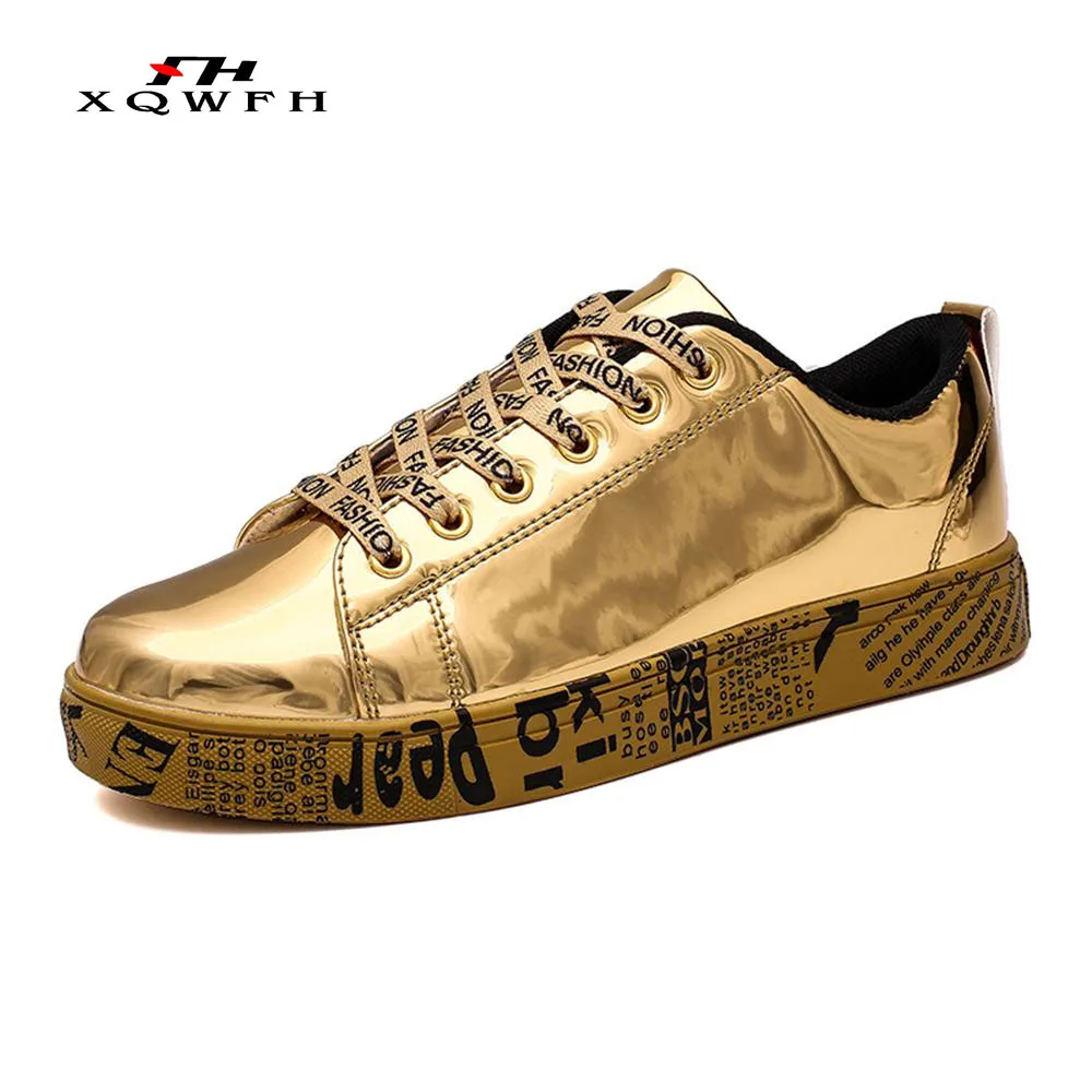 New Style Gold men's casual shoes Fashion Bright Lace-up Men's Shoes Plus Size 36-46 Men Flats Handmade Shoes For Male