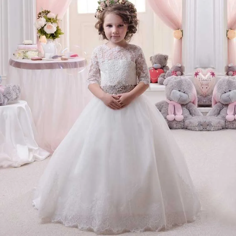 Romance White Girls Dresses Lace Appliques Lace Up Key Hole Half Sleeves Flower Girl Dresses Romance White Girls Dresses Lace Appliques Lace Up Key Hole Half Sleeves Flower Girl Dresses