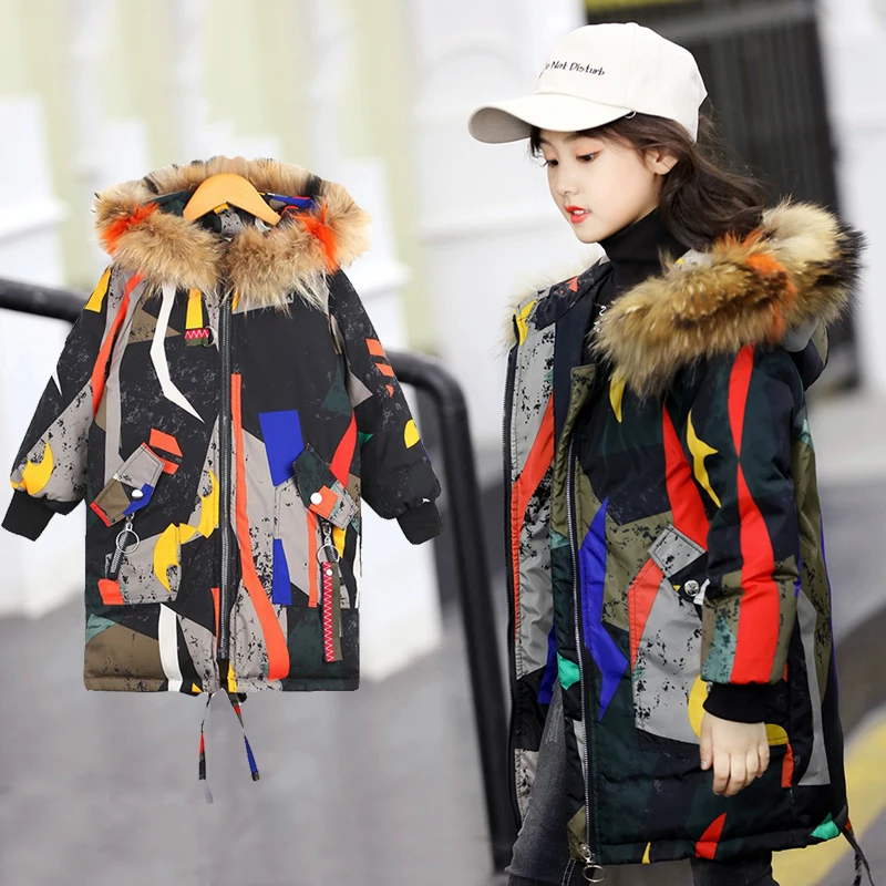 

Kids Winter Jacket Goose Feather for Girls Boys -30 Thicken Warmly Down Coat Fashion Print with Real Fur Collar Children Parkas