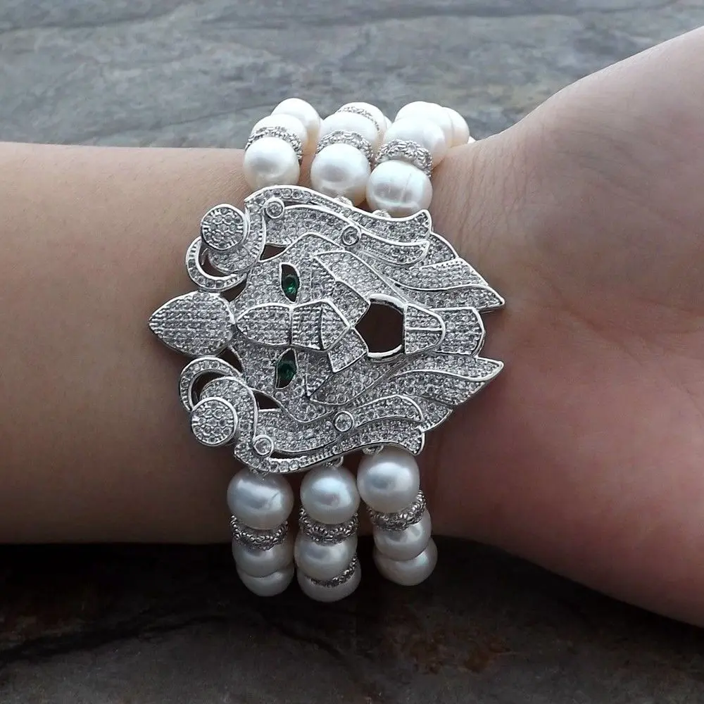 

Natural 3strands 8-9 mm white freshwater pearl micro inlay zircon lion head buckle flower accessories bracelet long 20 cm
