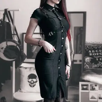 

Black Gothic Sexy Women Bodycon Dress Summer French Uniform Streetwear Punk Belt Design Slim Goth Casual Pencil Dresses Female