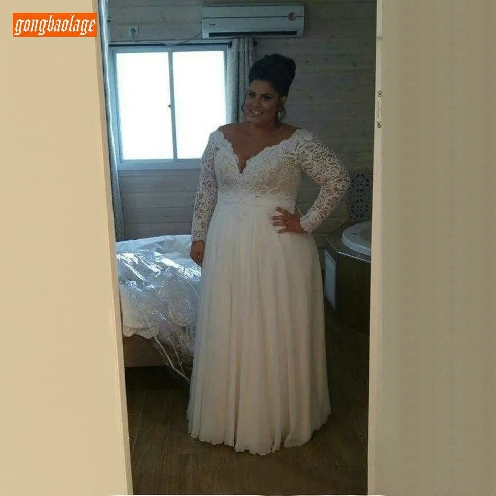 

Vintage White Lace V-neck Wedding Dresses Long Sleeves Chiffon A Line Chiffon Bridal Dress Custom Made Plus Size Wedding Gowns