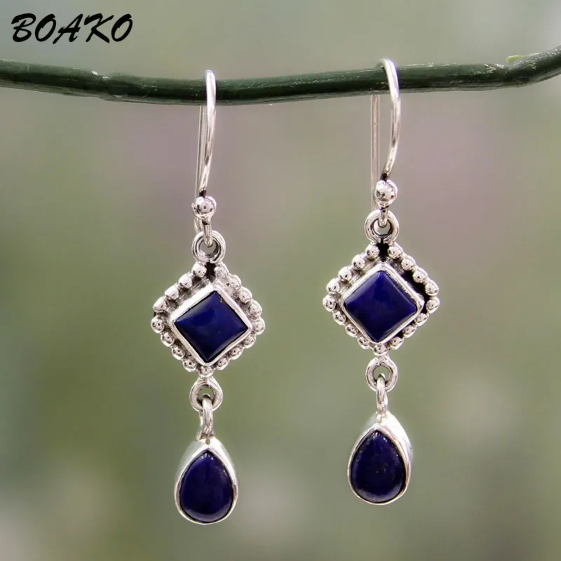 

BOAKO Simulated Lapis Lazuli Earrings For Women Vintage Antique Silver Plated Dangle Earrings Square Stone Boho Earring Jewelry