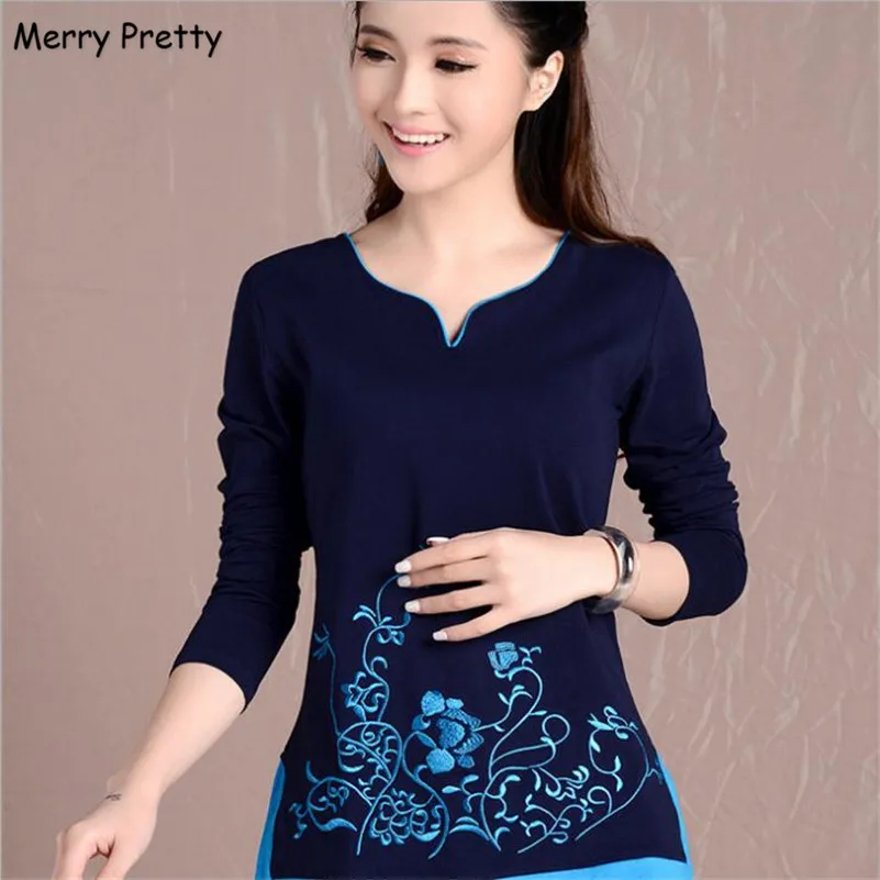 Feliz Bonito novas mulheres blusas camisas de manga longa com decote em v bordado floral tops