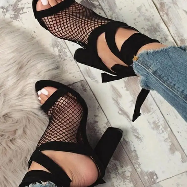 

2018 Women Sandals Mesh Sexy Pumps High Heel Open Toe Ankle Strap Female Party Wedding Sandals Women Shoes Lace Up