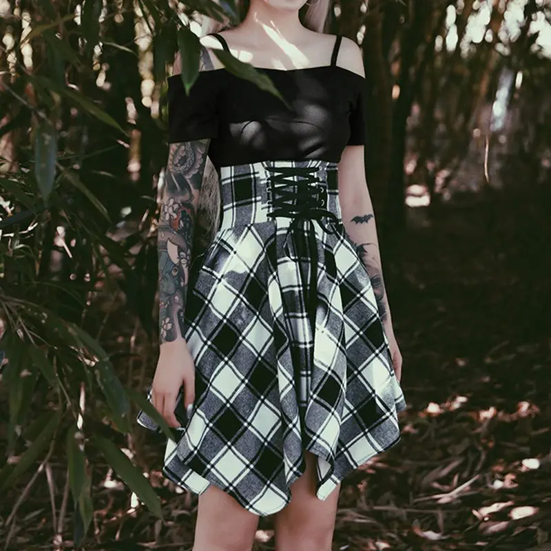 

Summer Black Vintage Office Ladies Gothic Women Mini Dresses Spaghetti Strap Plaid Lace Up Elegant Secy Club Punk Goth Dress