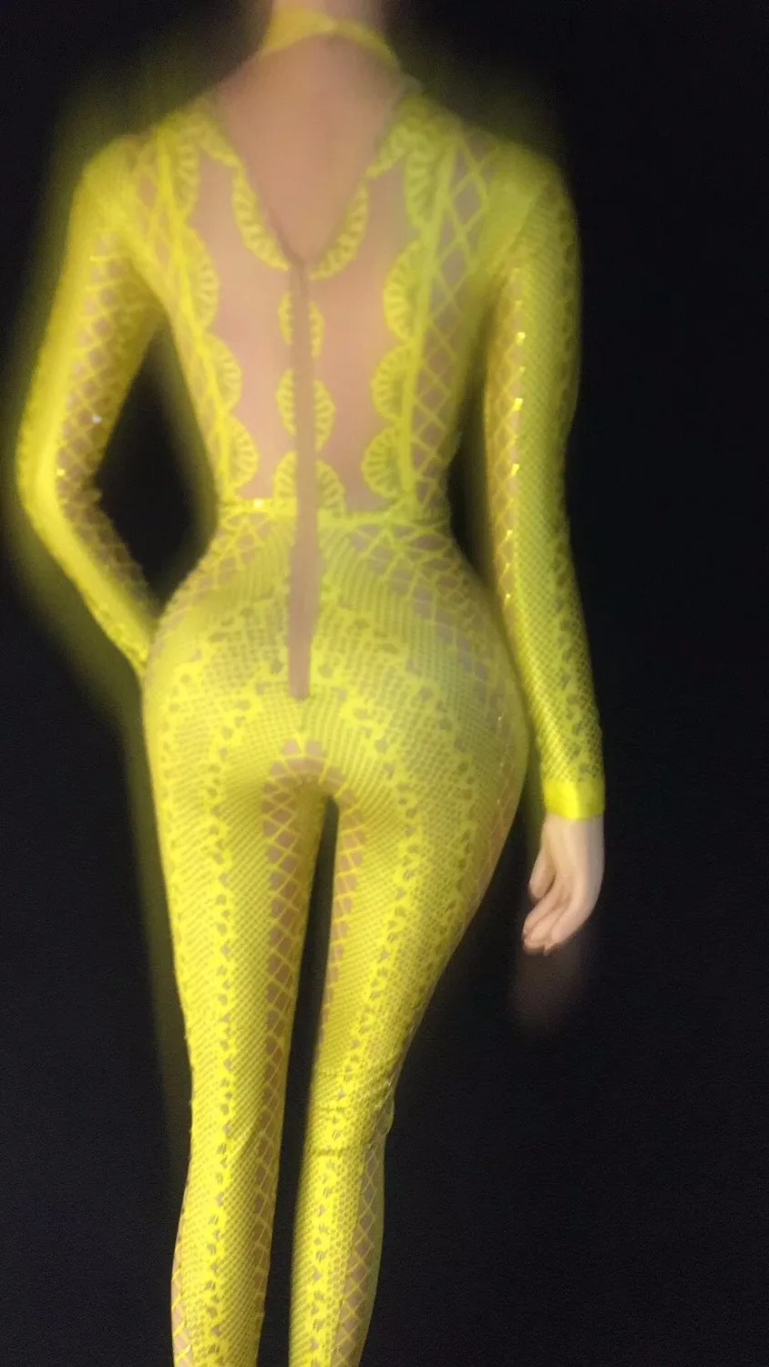 Yellow Black Or White Printed Rhinestones Jumpsuit Stretch One Piece Nightclub Singer Dancer Women's Party Wear Sexy Bodysuit