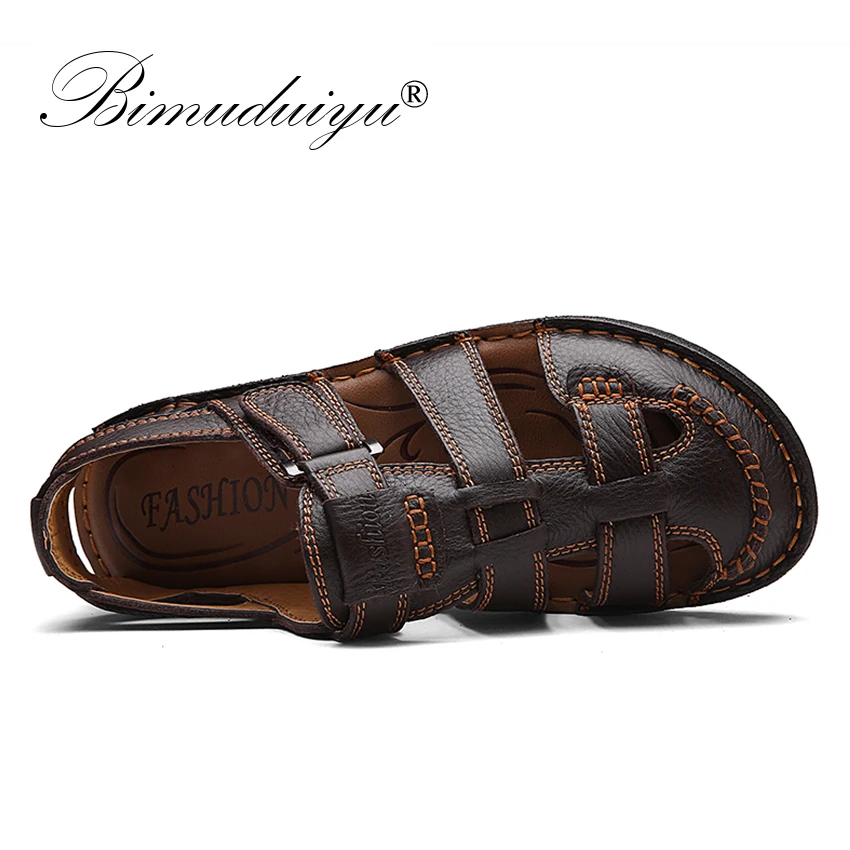 BIMUDUIYU Brand Genuine Leather Summer Men's Sandals Casual Beach Shoes Quality Roman Sandalias Soft Sole Sandals Plus Size 48