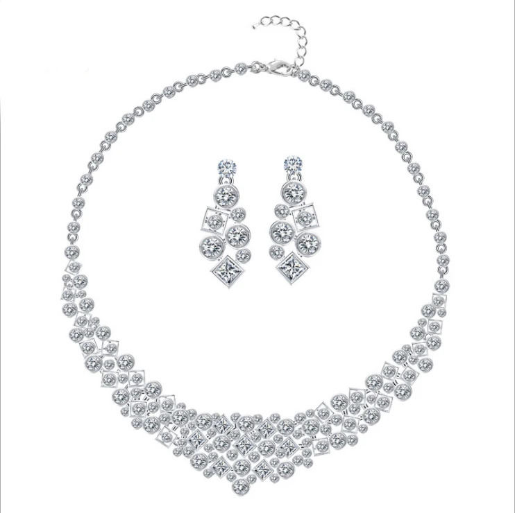  Simples Cristal Bridal Conjuntos de Jóias de Cor Prata de Strass Colar Brincos Conjuntos para Mulheres Acessórios Do Casamento (1)