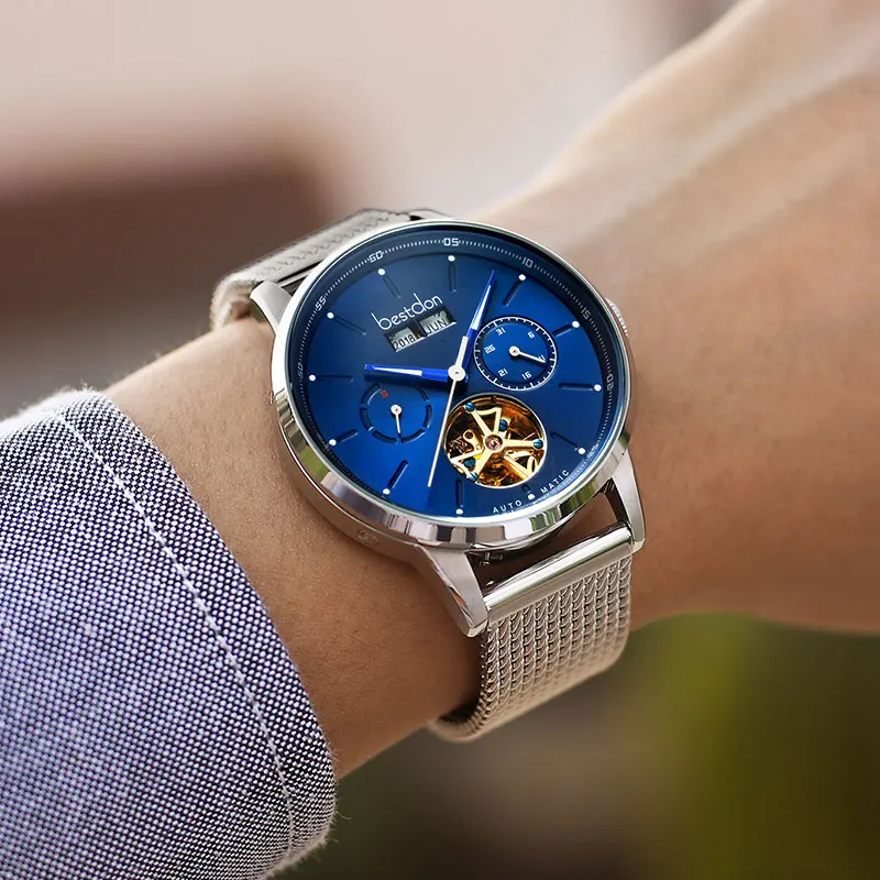 Bestdon Скелет Механические Мужские часы с большим циферблатом автоматические спортивные наручные часы Switzerland лучший бренд класса люкс водонепроницаемые Relogio - Цвет: Silver-blue-white