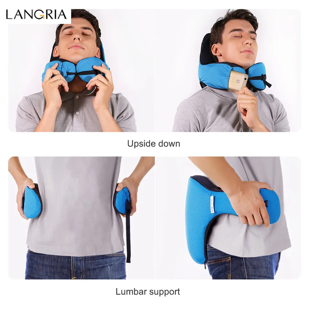 LANGRIA Travel Pillow 6-in-1 Long Haul Astronaut Memory Foam with Detachable Hood Adjustable Neck Size Side Elastic Pocket Neck5
