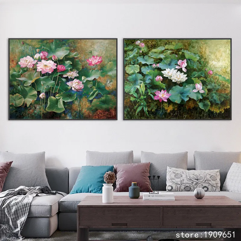 

No frame Chinese style impression lotus flower canvas printings oil painting printed on cotton home wall art decoration picture