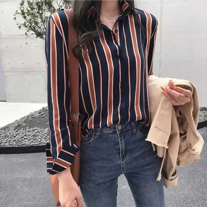 

oversize M-4XL female striped shirt long sleeve casual basic blouses thin shirts tops for women