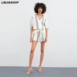 Linjiashop Повседневное Для женщин комплекты в полоску V вырезом с короткими мини-юбка нижний из двух частей комплект весна блоггеров Стиль