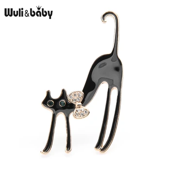 

Wuli&baby White Black Stretching Cat Brooches Women Alloy Czech Rhinestone Bowknot Cat Animal Brooch Pins Gifts