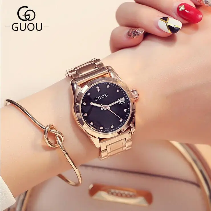 

GUOU Watch Fashion Modern Diamond Watch Elegant Stainless steel Auto Date Ladies Watch Clock relojes mujer relogio feminino
