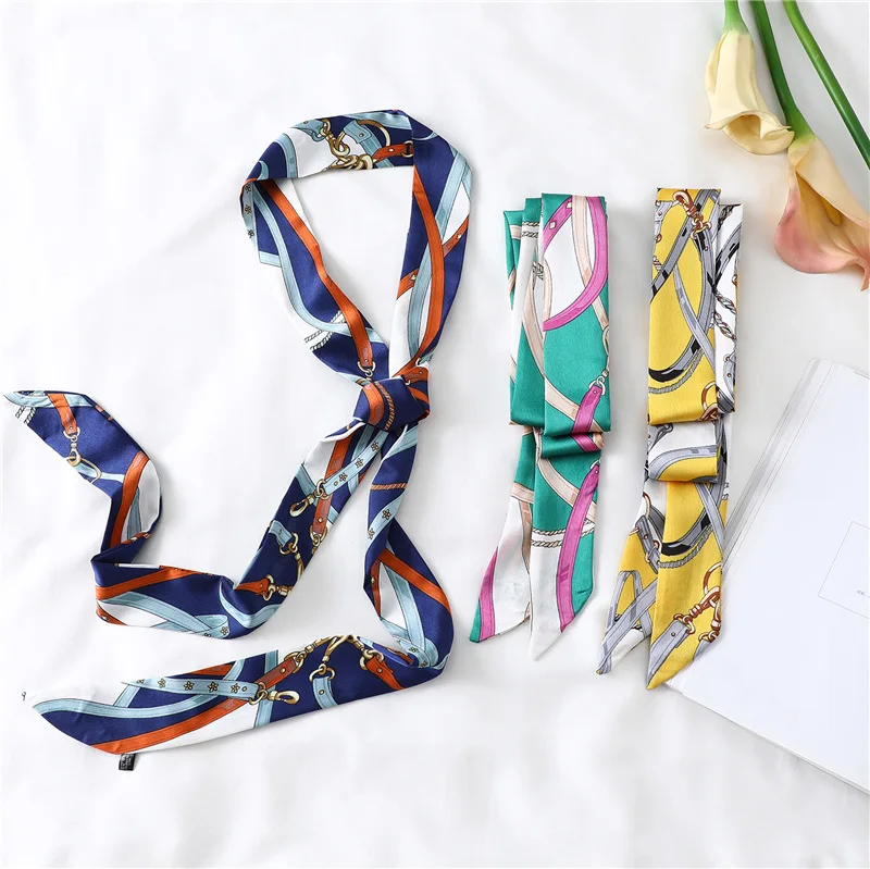 

Women Silk Skinny Neck Scarf Fashion Print Lady Bag Handle Scarfs Wraps Hair Band Ribbon Femme Cap Hand Scarves 2019 New