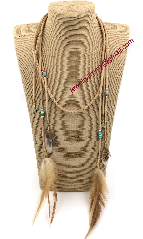2015New personalized handmade jewelry supplier leather cord feather pendant long Necklaces for