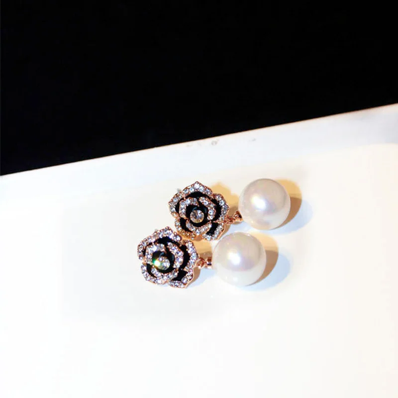 Женские серьги с розовым Камелия черные золотым кристаллом и