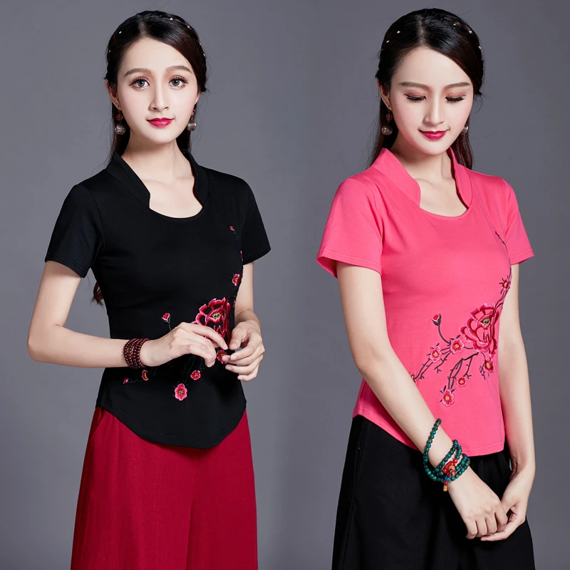 Летняя футболка Женские винтажные футболки Harajuku пуловер Повседневная мода Camisetas Mujer китайский стиль хлопок вышивка цветочный