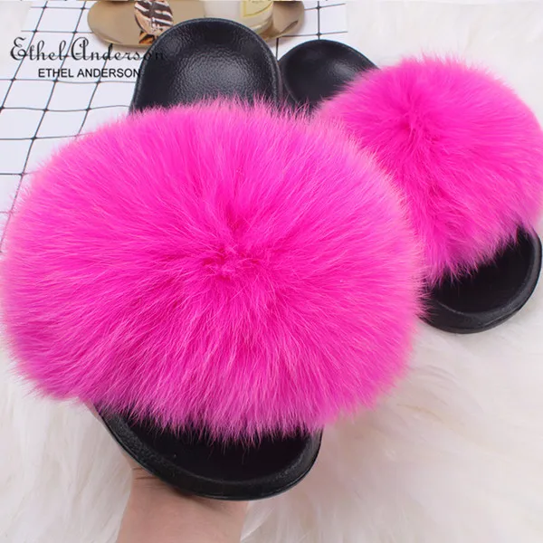 Rose Red Fox Fur Ethel Anderson леди пушистые тапочки реального енота Мех животных направляющие Летние повседневные сланцы хорошее качество пляжные сандалии плюш - Цвет: Rose Red Fox Fur
