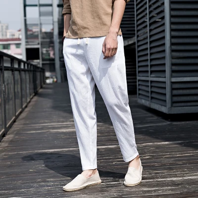 as picture white Китайский Стиль одноцветное Цвет льняные брюки Для мужчин jogger брюки мужские брюки Китайская традиционная ВЫСОКОЕ КАЧЕСТВО Повседневное Лен Для мужчин брюки - Цвет: as picture white