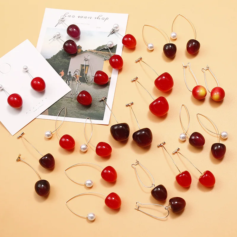 AOMU Japan Cute Sweet Simulation Gradient Red Cherry Gold Color Fruit Pearl Stud Earrings for Women Girl Lovely Party Birthday