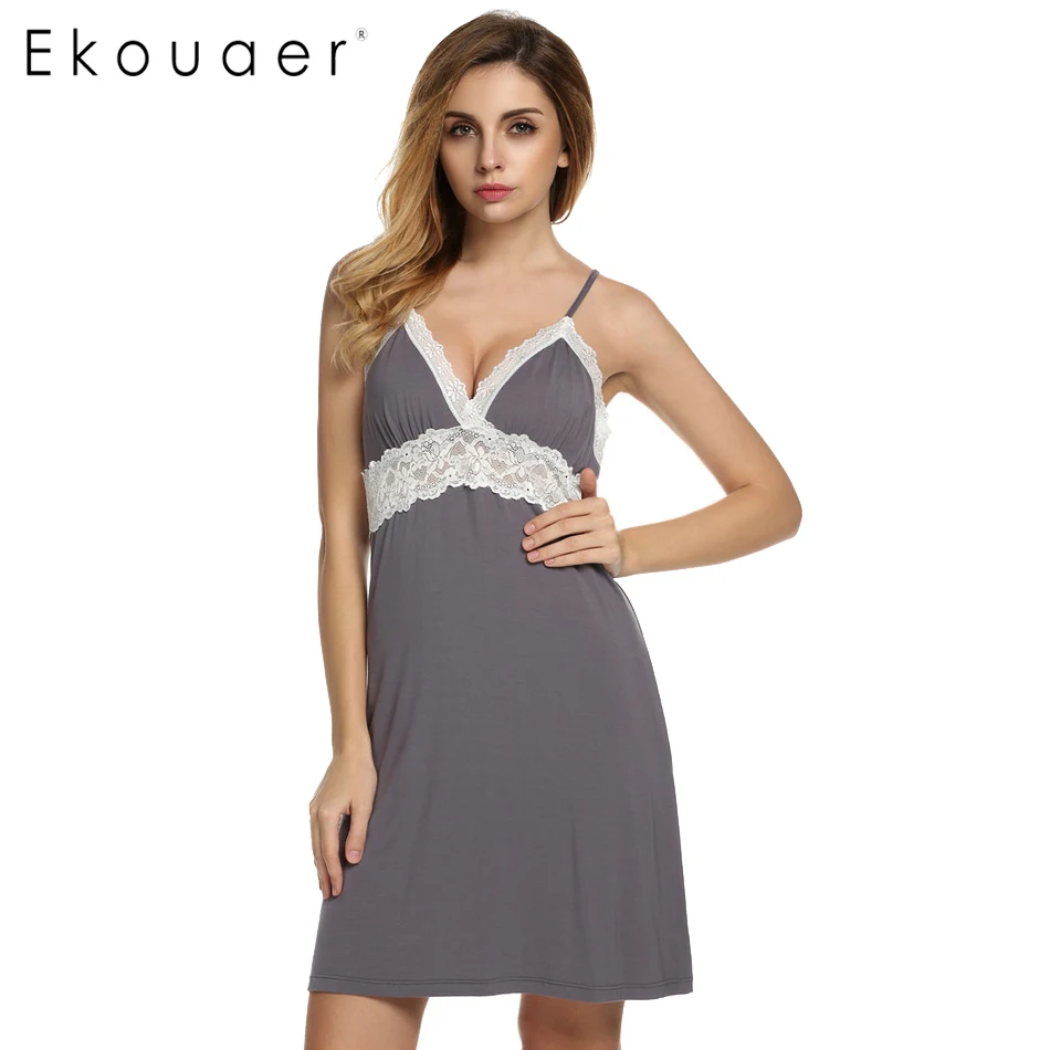 Ekouaer Brand Spring Autumn Nightgown Women Sexy Spaghetti Strap Lace Patchwork Lingerie Dress