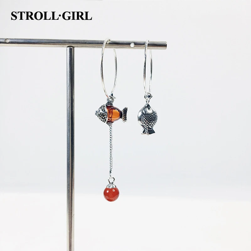 StrollGirl,, серьги в винтажном стиле, серебро 925, красный камень, рыба, асимметричные серьги-капли для женщин, модное ювелирное изделие - Окраска металла: Earrings