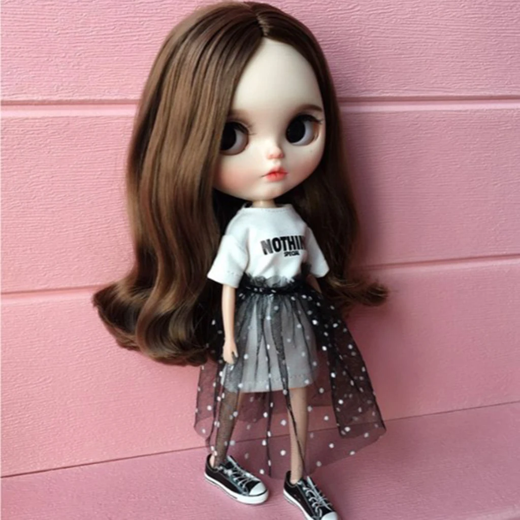 Stylish Long T-shirt Polka Dots Gauze Skirt Set for Blythe Azone Licca Dolls Clothing Accessories