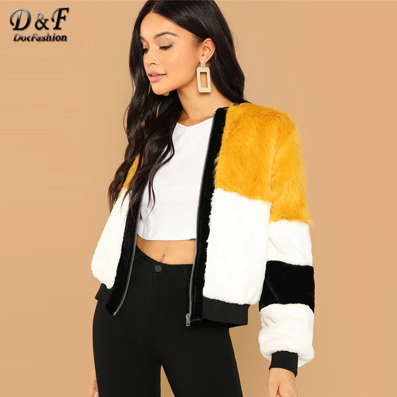 

Dotfashion Colorblock Zipper Faux Fur Coat Ladies Casual Winter Coats For Women 2019 Clothing Fashion Long Sleeve Outerwear