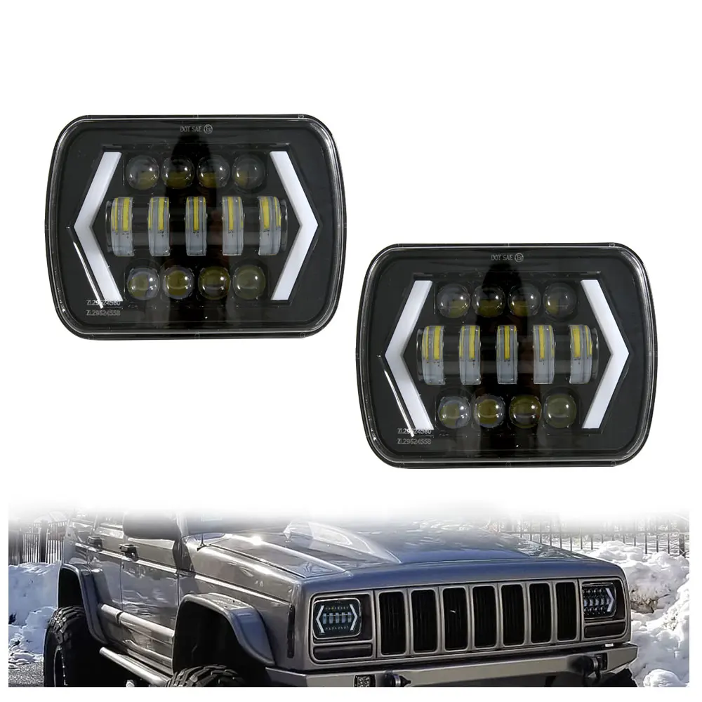 

90W 7X6 5X7 LED Headlight Arrow White DRL Amber Turn Signal For Jeep Wrangler YJ Cherokee XJ Trucks H4 LED Square Headlights