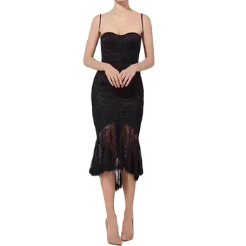 

UKCNSEP 2020 New Women Lace Bandage Dress Spaghetti Strap Off Shoulder Lace Patchwork Sexy Celebrity Vestidos Party Dresses