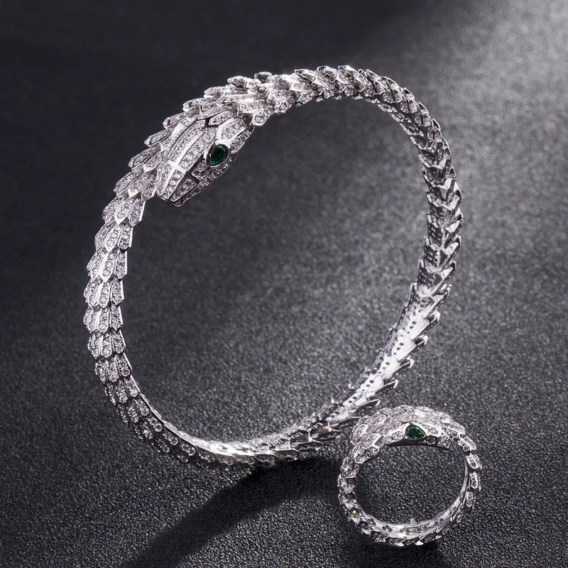 

Rhodium Silver Color Men Bangles Snake Animal Bangle & Ring Jewelry Brand cubic Zircon Love Bangle Anel Men Anniversary Jewelry