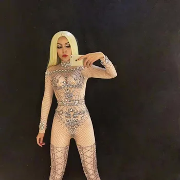 

Stretch Nude Glisten Stones Jumpsuit long Sleeves Pattern Bodysuit Performance Party Celebrate luxurious Costume Dance Clothing