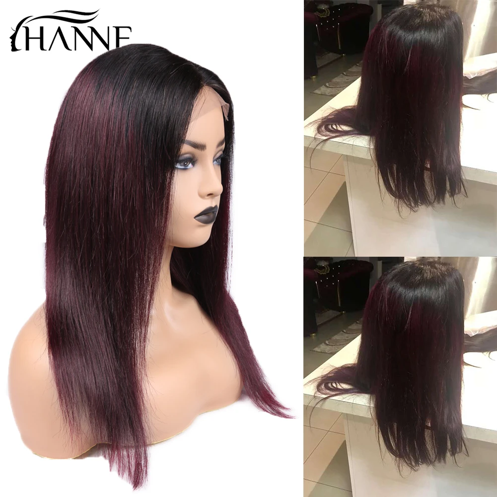 HANNE 4*4 Lace Closure Wigs 1B/#99J Color Ombre Human Hair Wigs With Baby Hair Straight 150% Density Brazilian Hair Wig in Stock