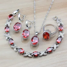 Простой красный родолит Овальный свадебный ювелирный набор из 925 серебра женский костюм серьги/ожерелье/браслет и кольцо наборы