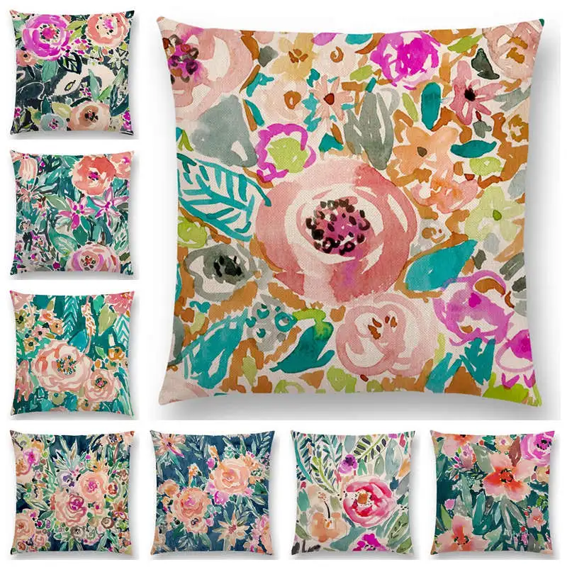 

New Design Watercolor Floral Style Prints Sofa Throw Pillowcase Home Decor 25 color available Cushion Cover