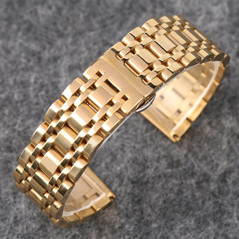 20 22 mm Men's Solid Stainless Steel Wrist Band High Quality  Replacement Folding Buckle Strap Black Gold Womens Metal Bracelet1 (4)