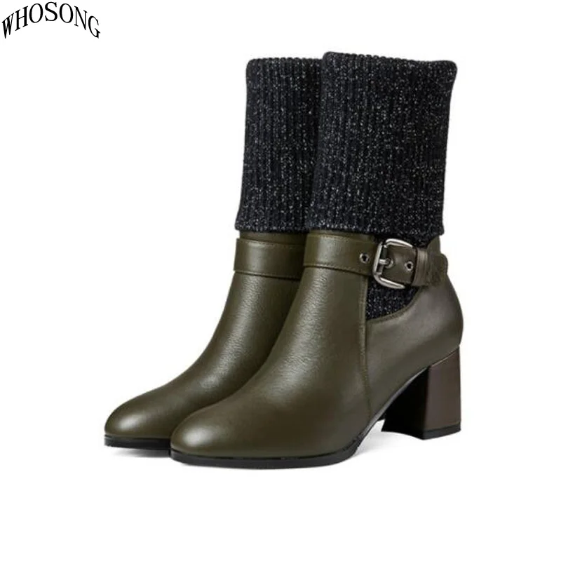 

WHOSONG Women boot fall/winter leather boot Ankle boot wool knit zipper shoe fashion Martin boot m41