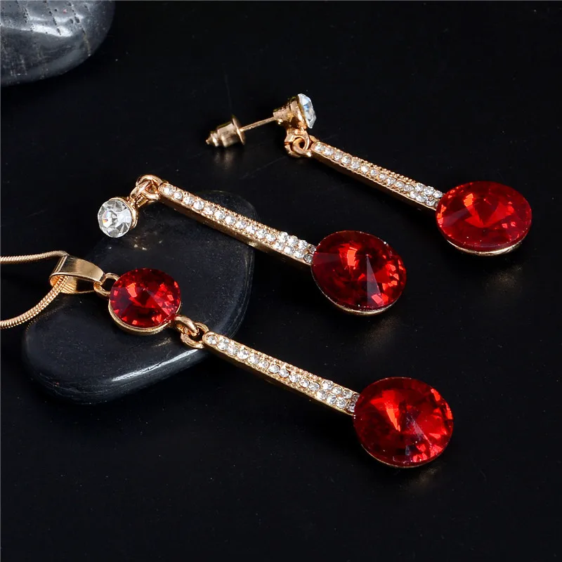 Подвески и ожерелье золотого цвета, серьги-гвоздики, синий натуральный камень, кубический цирконий, кристалл, романтические свадебные ювелирные наборы - Окраска металла: RED